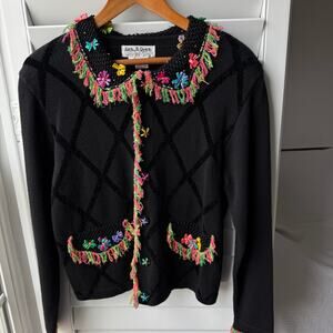 JACK B. QUICK Sweater Womens L Black Vintage 90s Cardigan Colorful Fringe